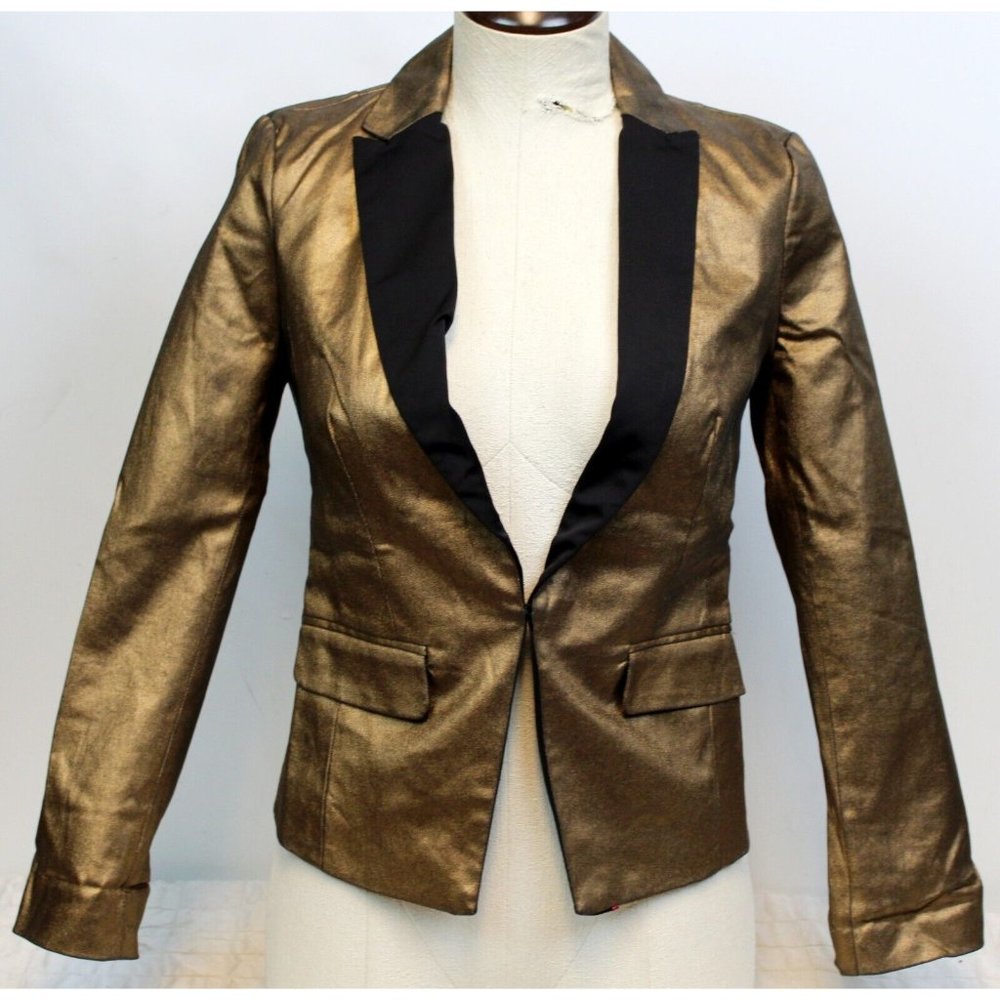 Frf Collection Zara Womens Shiny Gold Glitter Blazer sz S Tuxedo Prom Formal